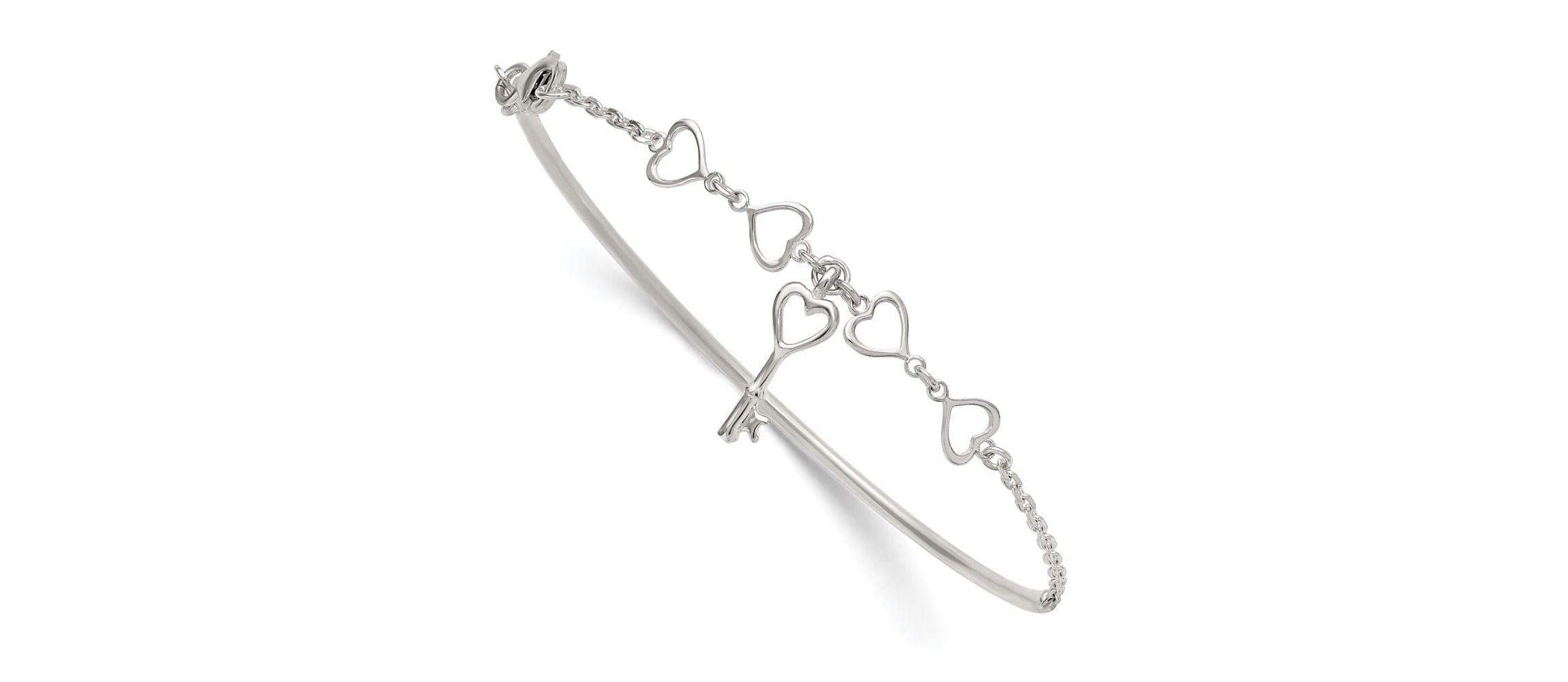 Sterling Silver Polished Heart and Key Bangle Bracelet