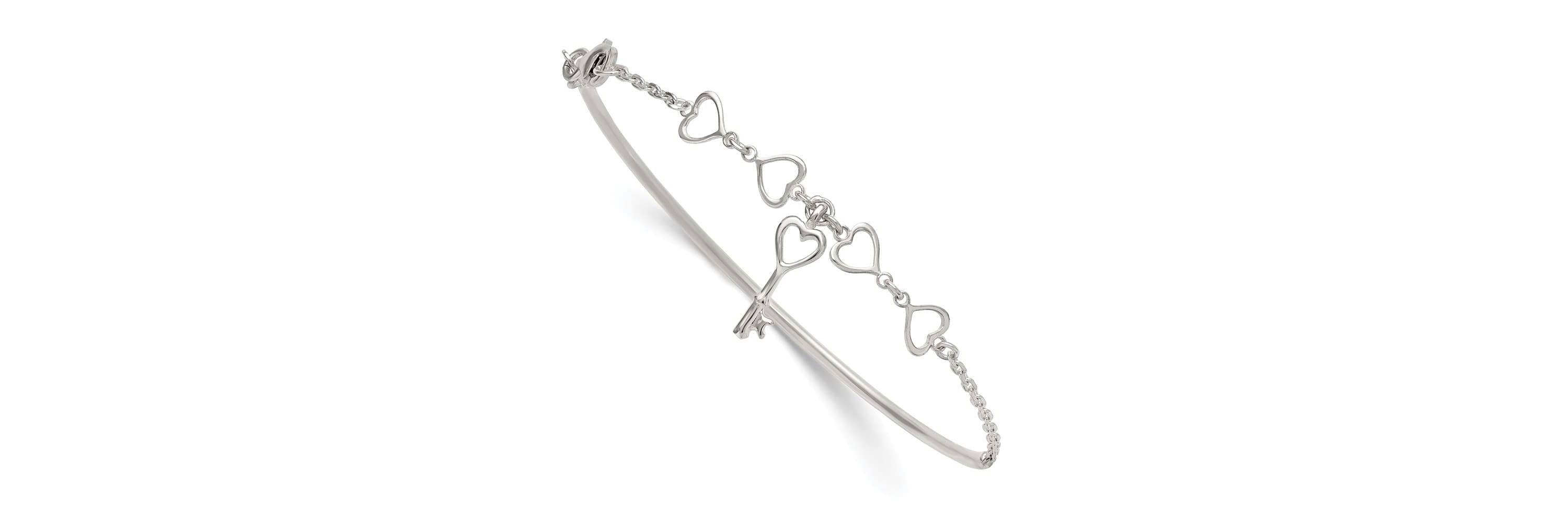 Sterling Silver Polished Heart and Key Bangle Bracelet