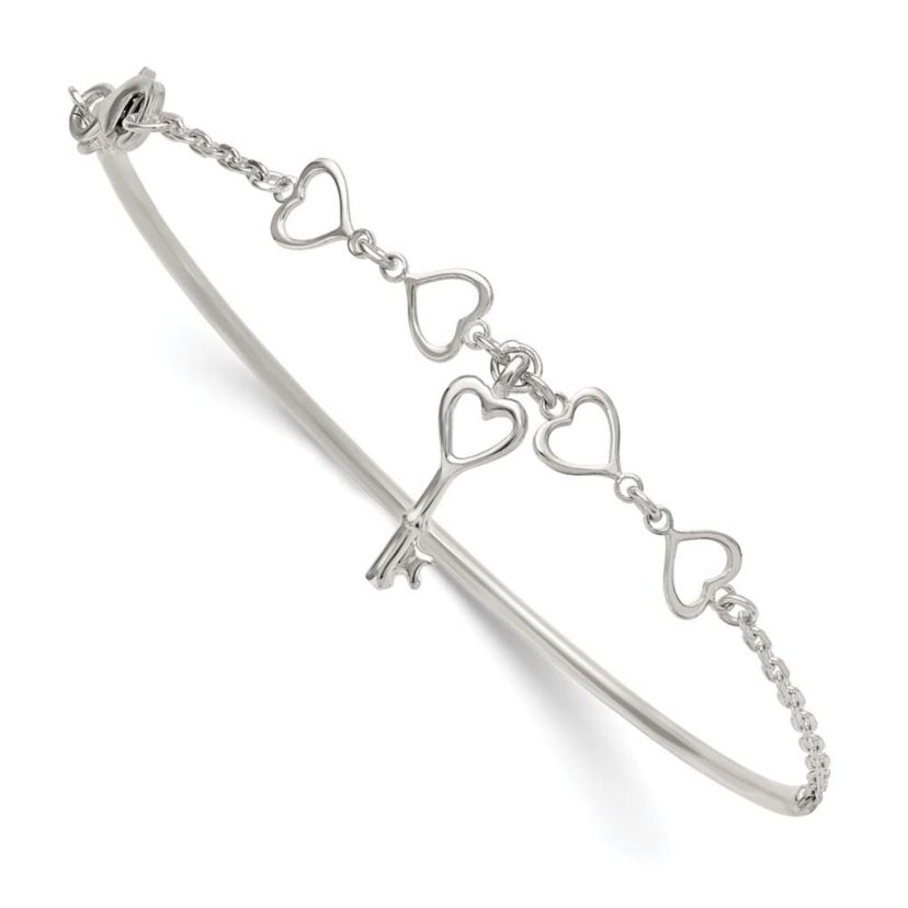 Sterling Silver Polished Heart and Key Bangle Bracelet