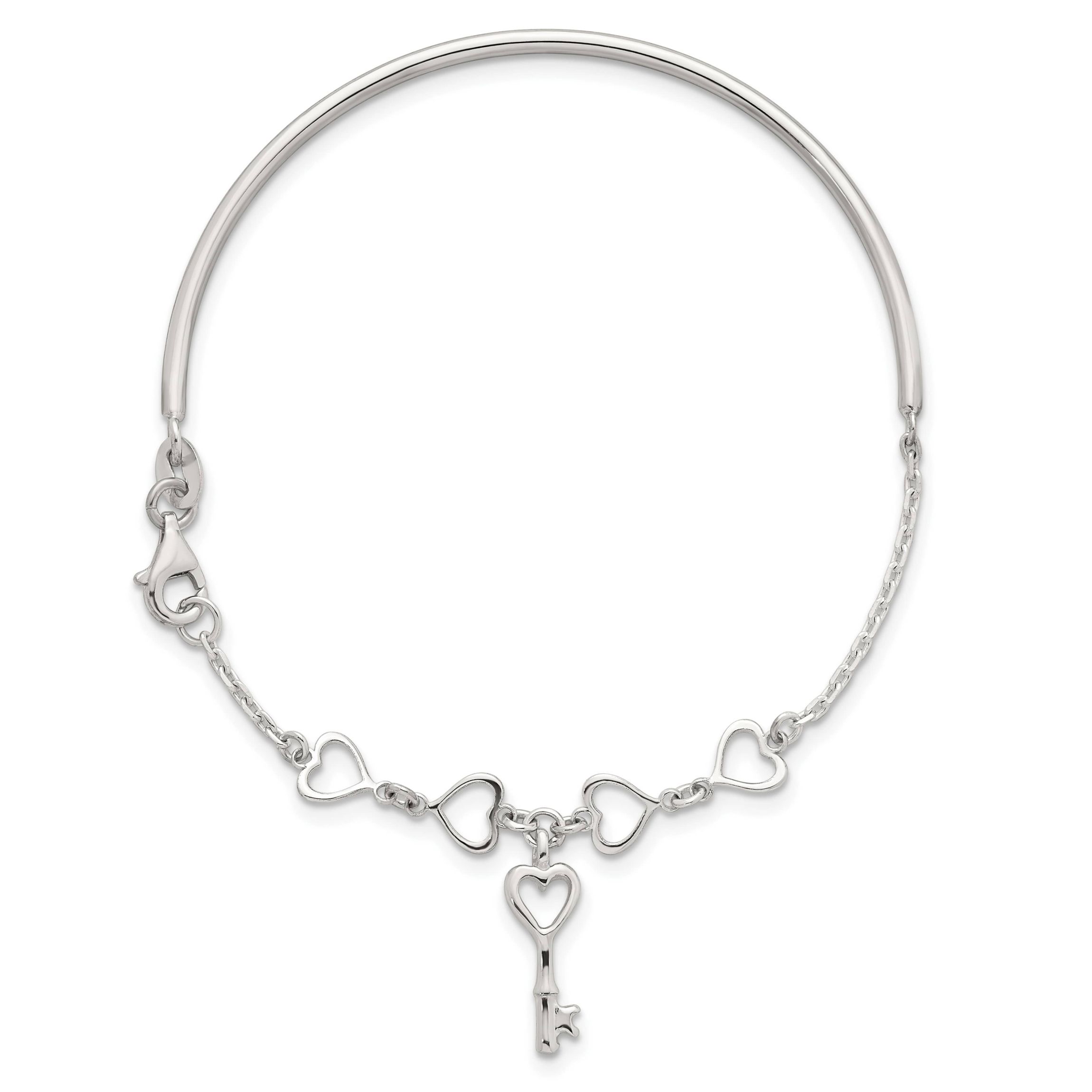 Sterling Silver Polished Heart and Key Bangle Bracelet