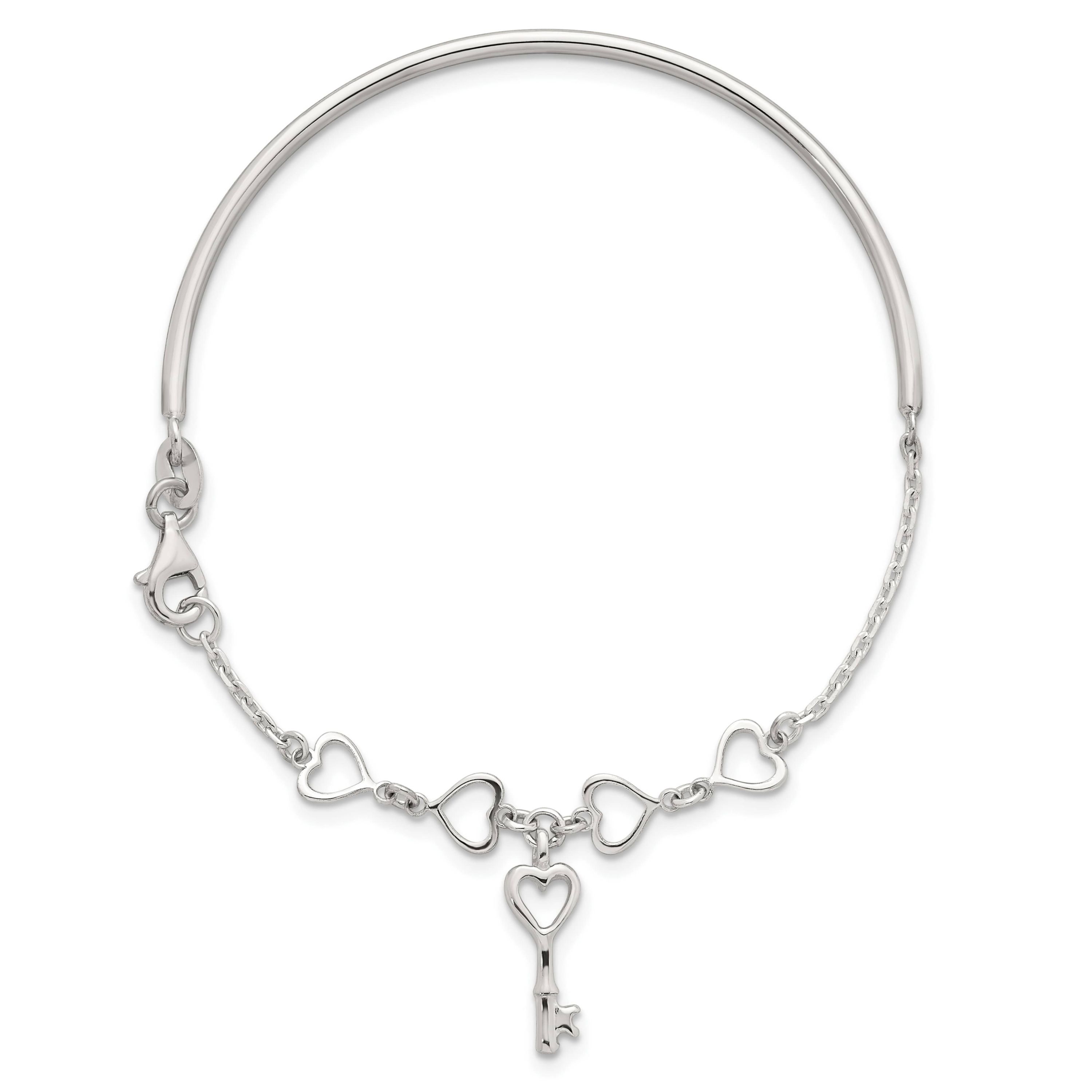 Sterling Silver Polished Heart and Key Bangle Bracelet