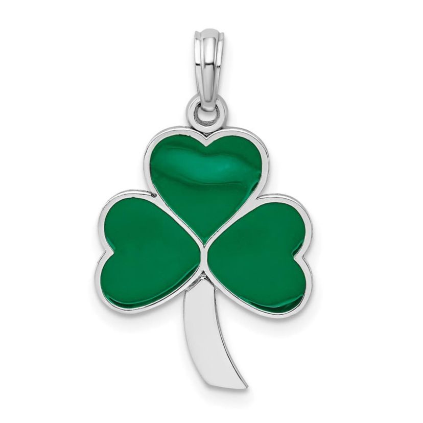 Sterling Silver Rhodium-plated Polished Enameled Shamrock Pendant