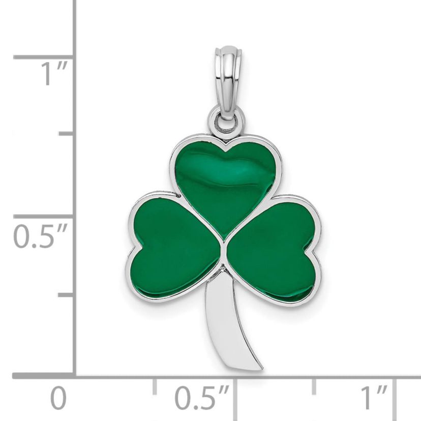 Sterling Silver Rhodium-plated Polished Enameled Shamrock Pendant