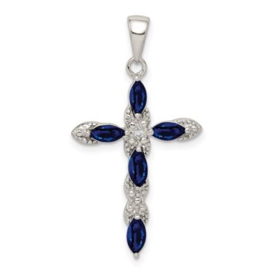 7/8 ct. t.w. Sapphire and 0.01 ct. t.w. Diamond Cross Pendant in Rhodium-plated Sterling Silver