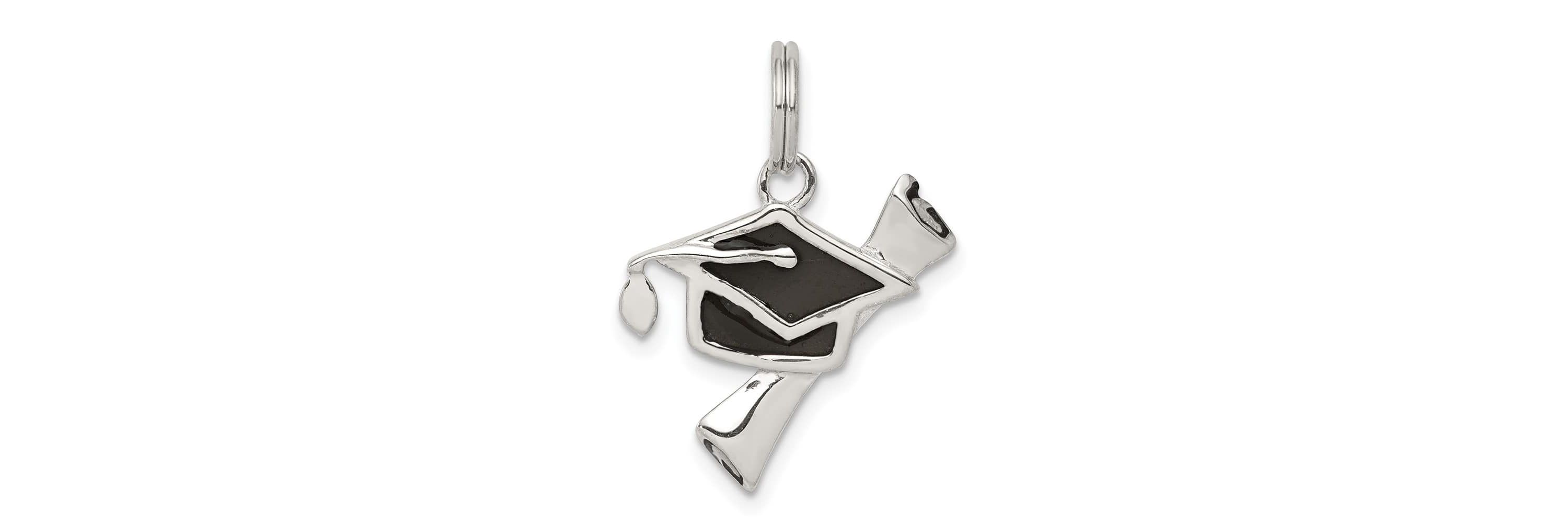 Sterling Silver Rhodium-plated Black Enamel Graduation Cap Diploma Charm
