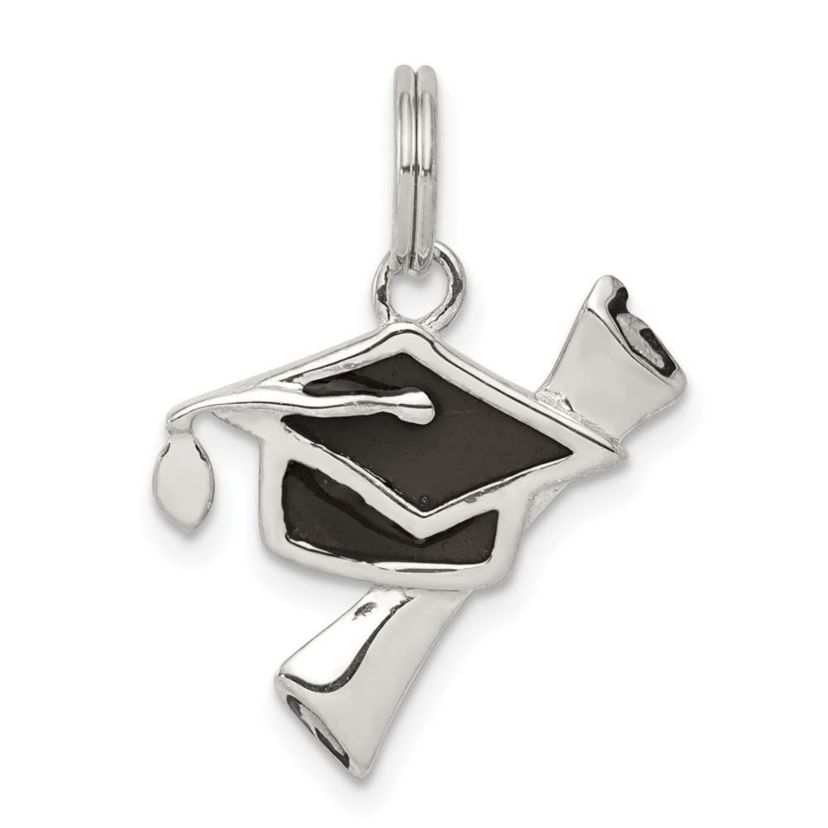 Sterling Silver Rhodium-plated Black Enamel Graduation Cap Diploma Charm
