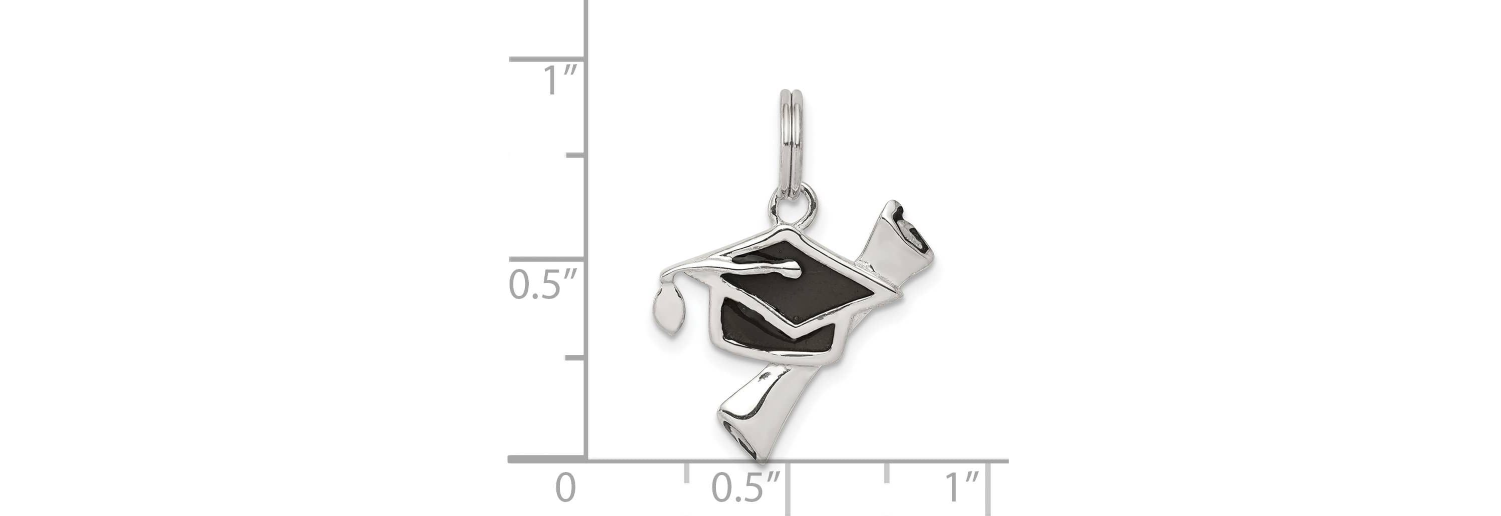 Sterling Silver Rhodium-plated Black Enamel Graduation Cap Diploma Charm