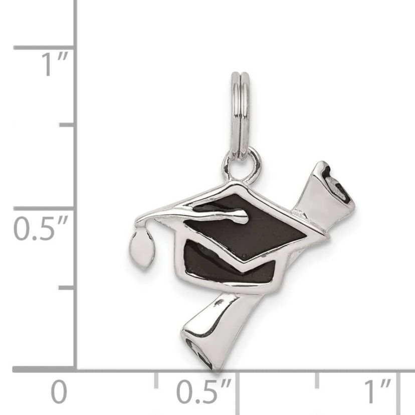 Sterling Silver Rhodium-plated Black Enamel Graduation Cap Diploma Charm