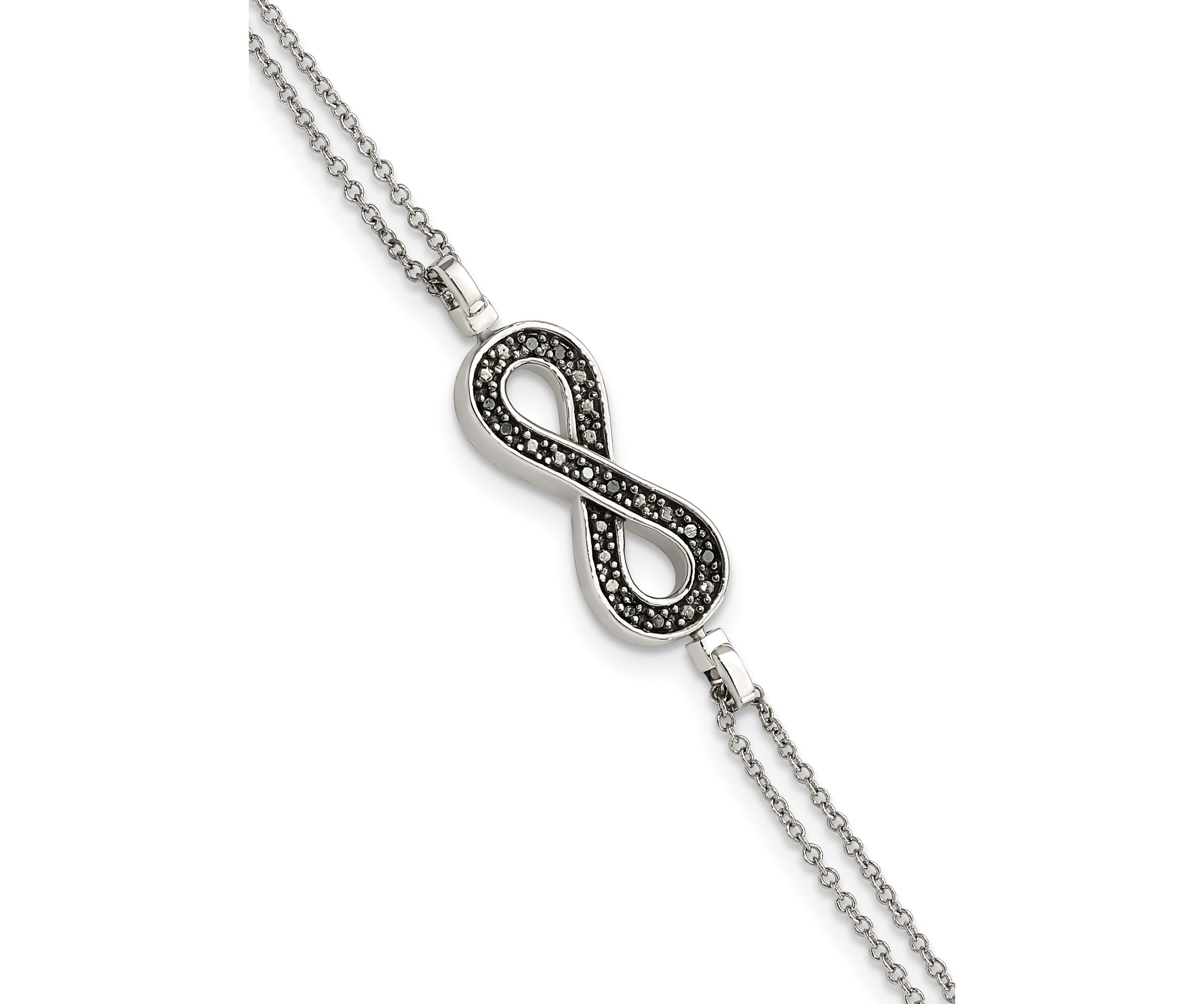 1/10 ct. t.w. Black and White Diamond Reversible Infinity with 0.5 Inch Extension Bracelet in Rhodium Plated Sterling Silver