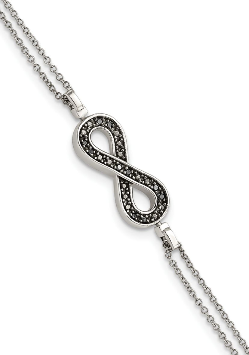 1/10 ct. t.w. Black and White Diamond Reversible Infinity with 0.5 Inch Extension Bracelet in Rhodium Plated Sterling Silver