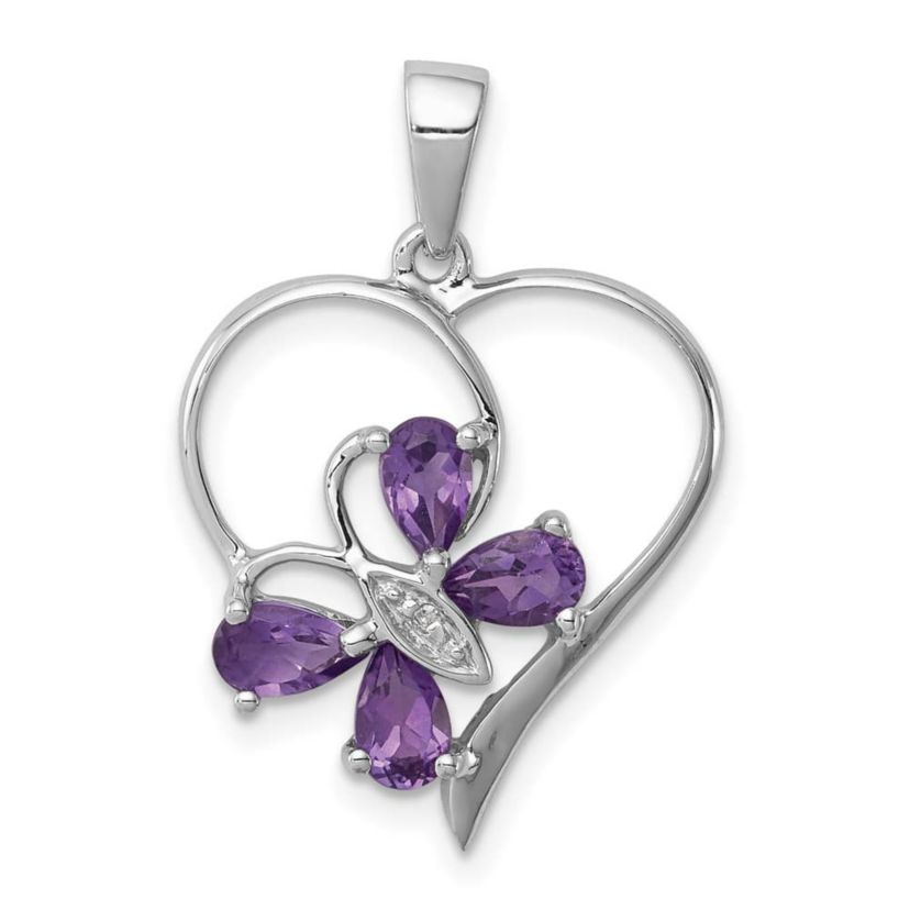 3/4 ct. t.w. Amethyst and 0.003 ct. t.w. Diamond Butterfly Heart Pendant in Rhodium-plated Sterling Silver