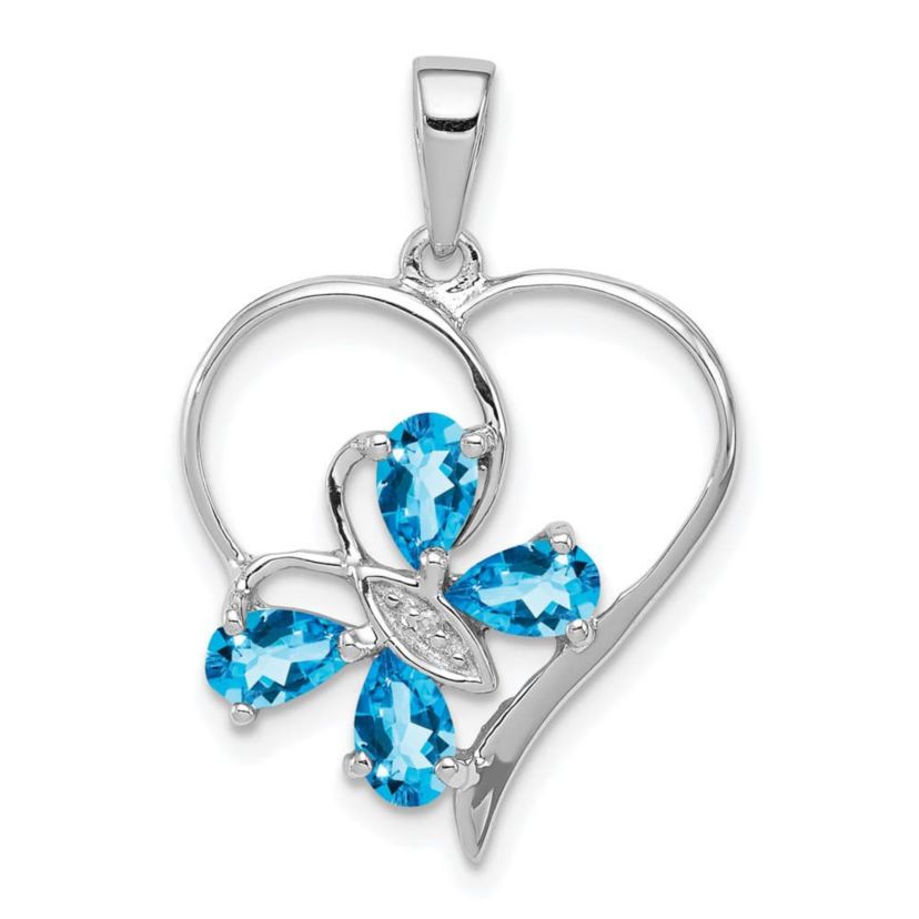 1 ct. t.w. Swiss Blue Topaz and 0.003 ct. t.w. Diamond Butterfly Heart Pendant in Rhodium-plated Sterling Silver
