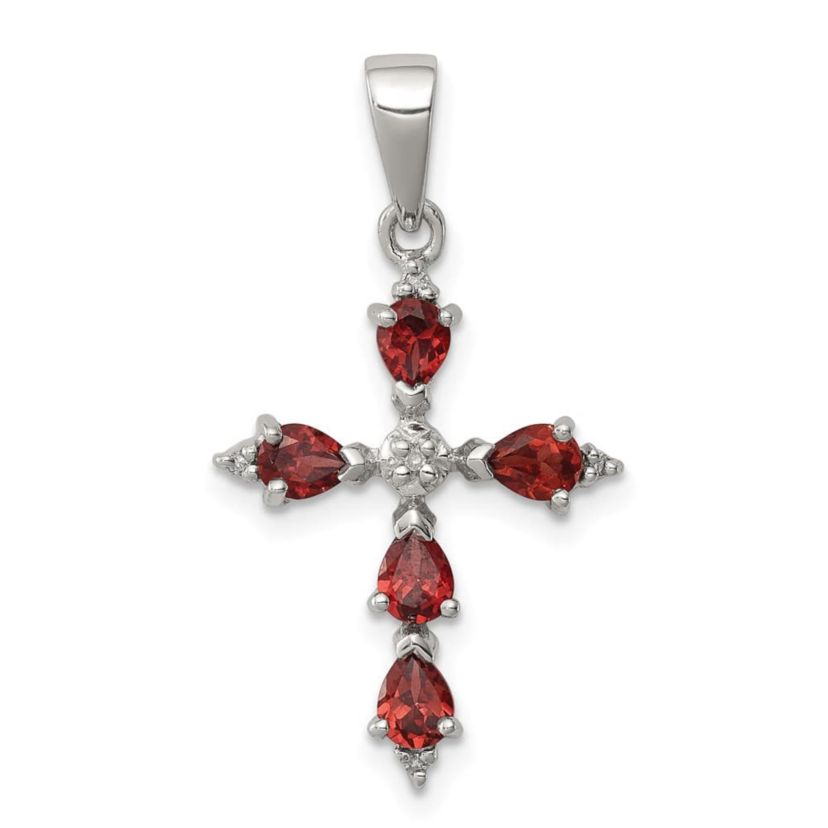 1.15 ct. t.w. Garnet and 0.02 ct. t.w. Diamond Cross Pendant in Rhodium-plated Sterling Silver