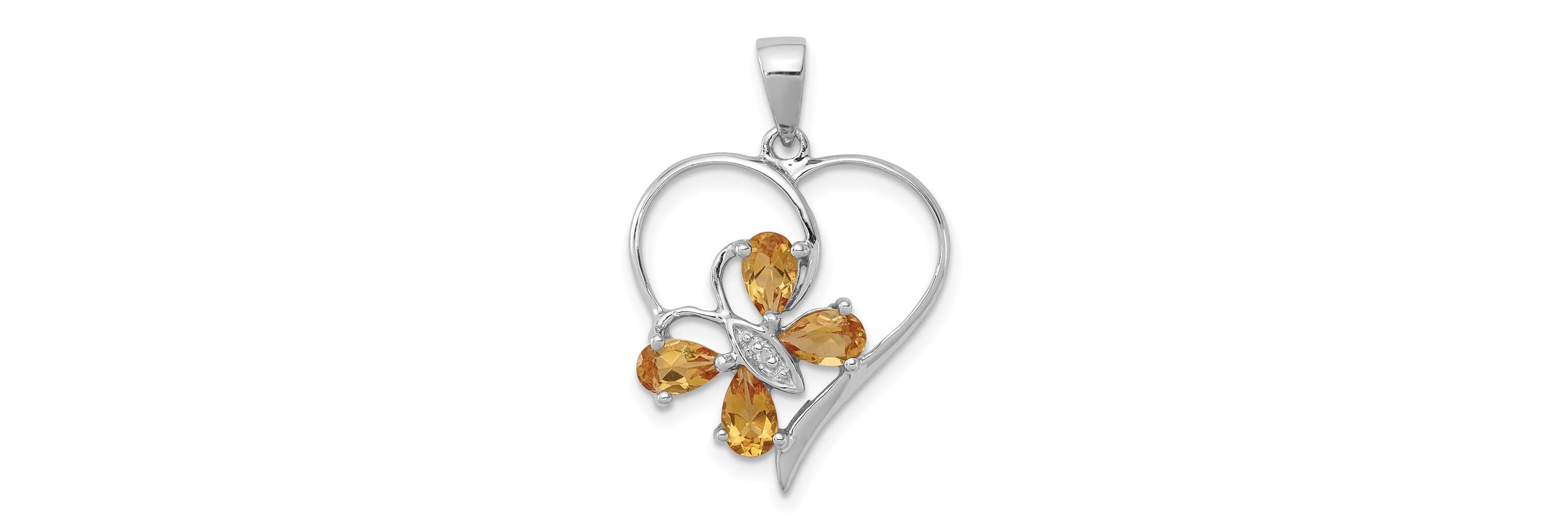 3/4 ct. t.w. Citrine and 0.003 ct. t.w. Diamond Butterfly Heart Pendant in Rhodium-plated Sterling Silver