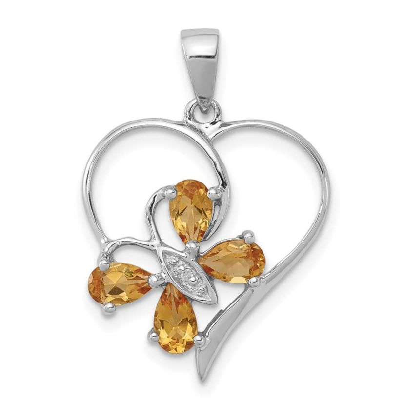 3/4 ct. t.w. Citrine and 0.003 ct. t.w. Diamond Butterfly Heart Pendant in Rhodium-plated Sterling Silver
