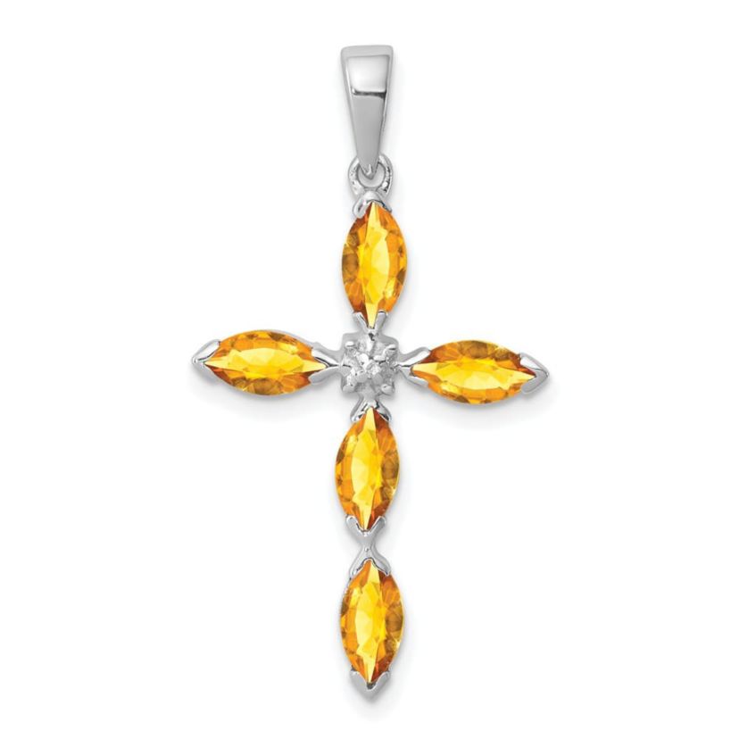 1 ct. t.w. Citrine and 0.003 ct. t.w. Diamond Cross Pendant in Rhodium-plated Sterling Silver