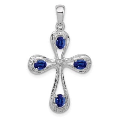 7/8 ct. t.w. Sapphire and 0.01 ct. t.w. Diamond Cross Pendant in Rhodium-plated Sterling Silver