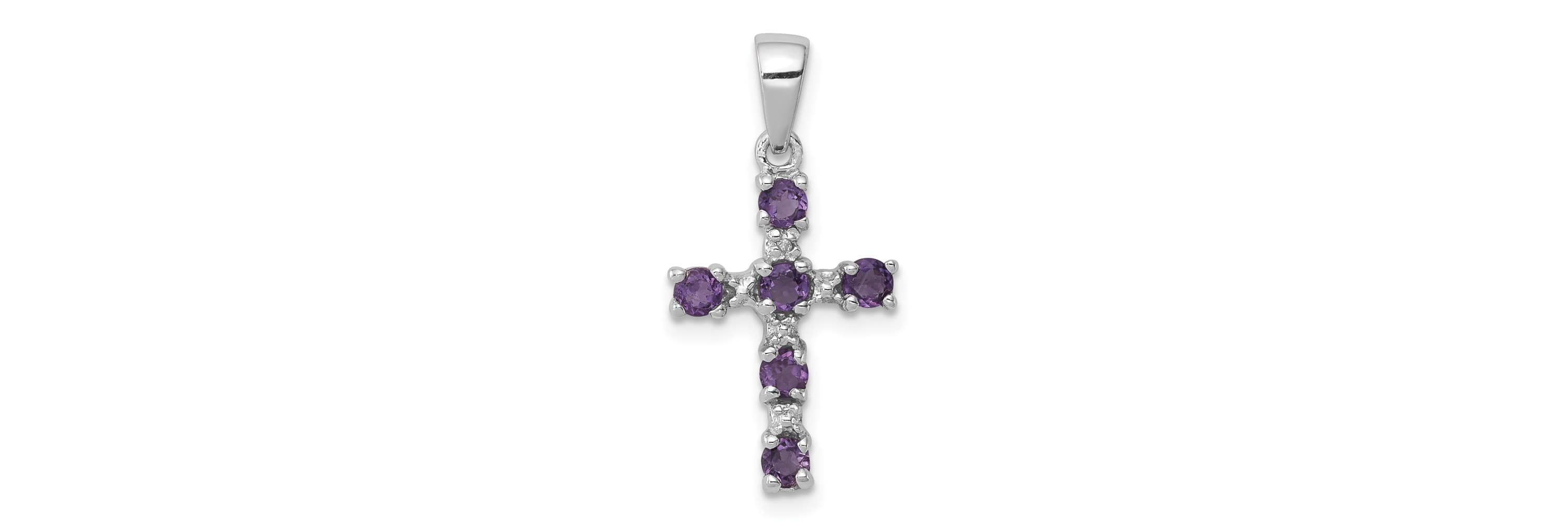 3/8 ct. t.w. Amethyst and Diamond 0.004 ct. t.w. Accent Cross Pendant in Rhodium-plated Sterling Silver