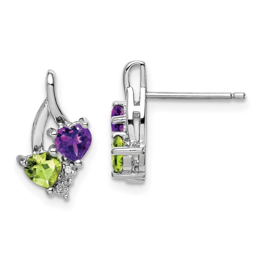 1/10 ct. t.w. Amethyst, 1/2 ct. t.w. Peridot and 0.01 ct. t.w. Diamond Earrings in Rhodium-plated Sterling Silver