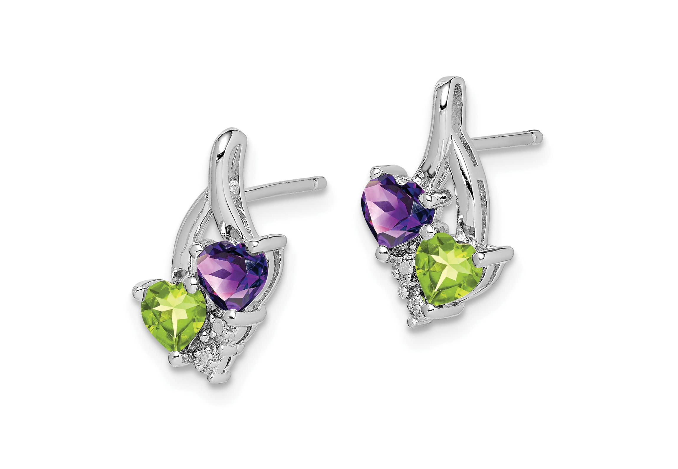 1/10 ct. t.w. Amethyst, 1/2 ct. t.w. Peridot and 0.01 ct. t.w. Diamond Earrings in Rhodium-plated Sterling Silver
