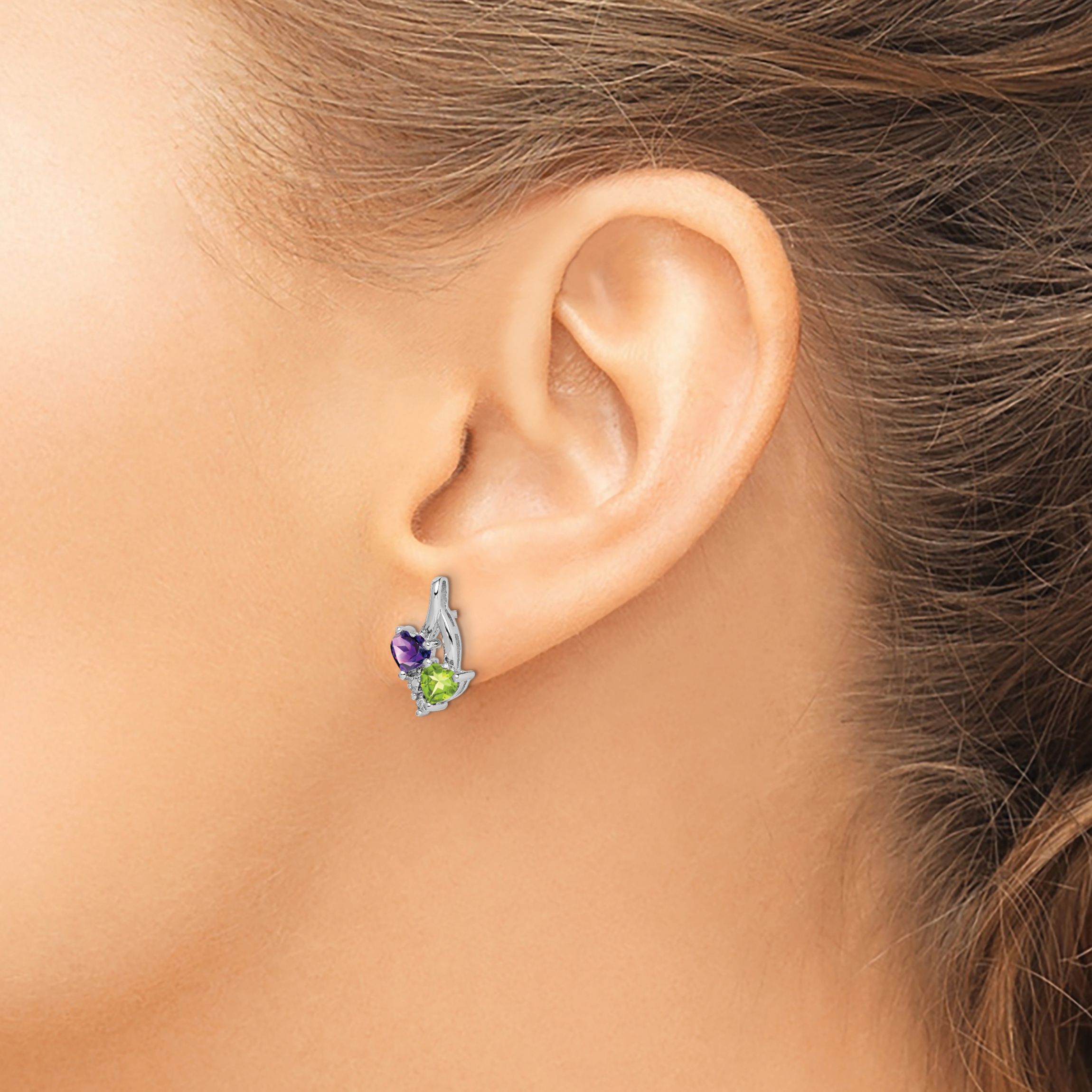 1/10 ct. t.w. Amethyst, 1/2 ct. t.w. Peridot and 0.01 ct. t.w. Diamond Earrings in Rhodium-plated Sterling Silver