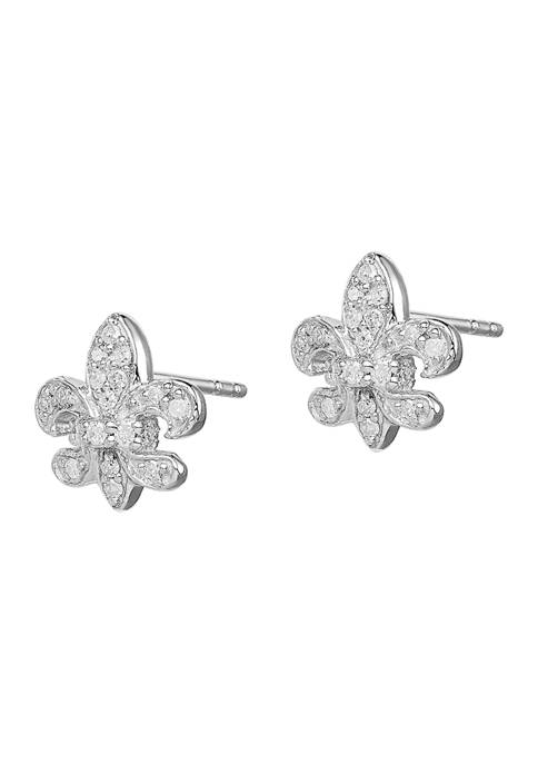 1/6 ct. t.w. Diamond Fleur de Lis Post Earrings in Rhodium Plated Sterling Silver