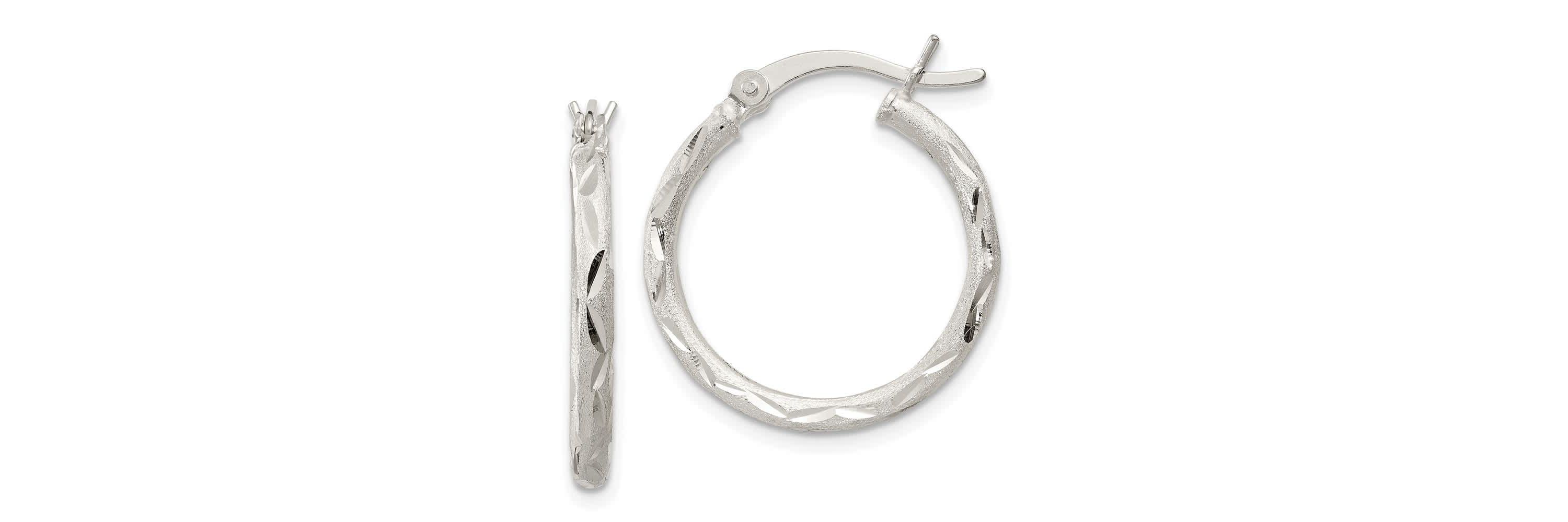 Sterling Silver Satin and Diamond-cut 2x20mm Hoop Earrings