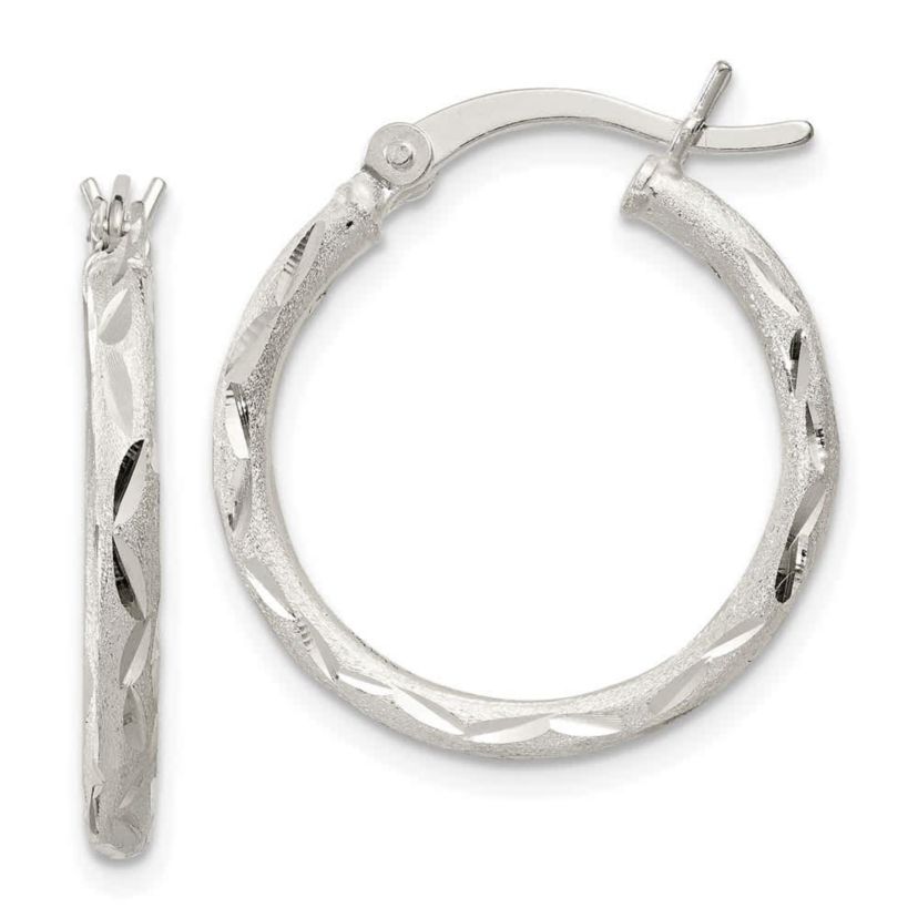 Sterling Silver Satin and Diamond-cut 2x20mm Hoop Earrings