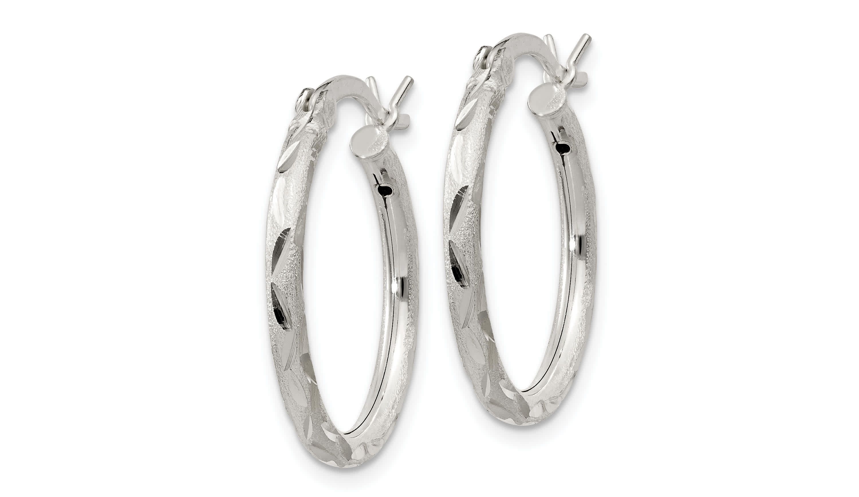 Sterling Silver Satin and Diamond-cut 2x20mm Hoop Earrings