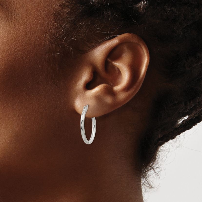 Sterling Silver Satin and Diamond-cut 2x20mm Hoop Earrings
