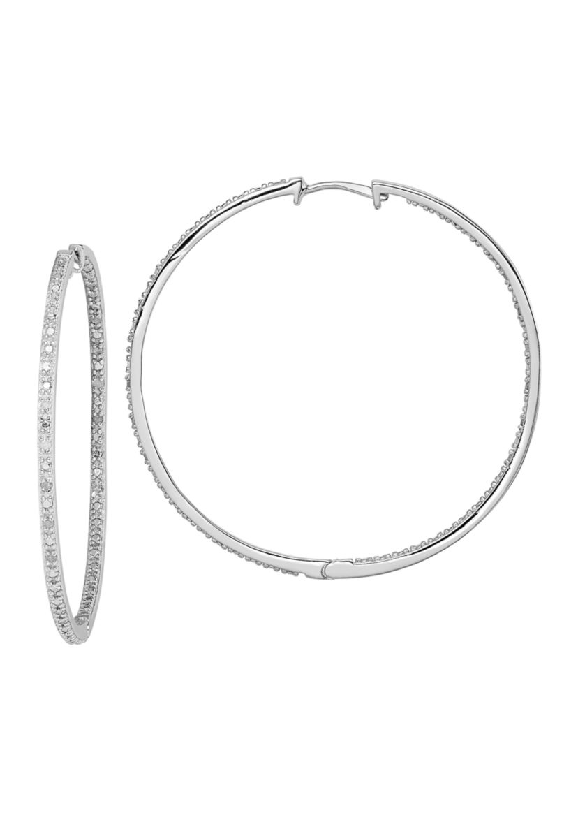 1/8 ct. t.w. Diamond In and Out Hoop Earrings in Rhodium Plated Sterling Silver
