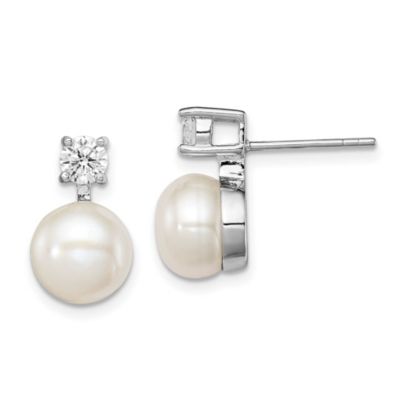 Belk & Co Sterling Silver Rhodium-plated 7-8mm White Freshwater Cultured Pearl Cubic Zirconia Post Earrings