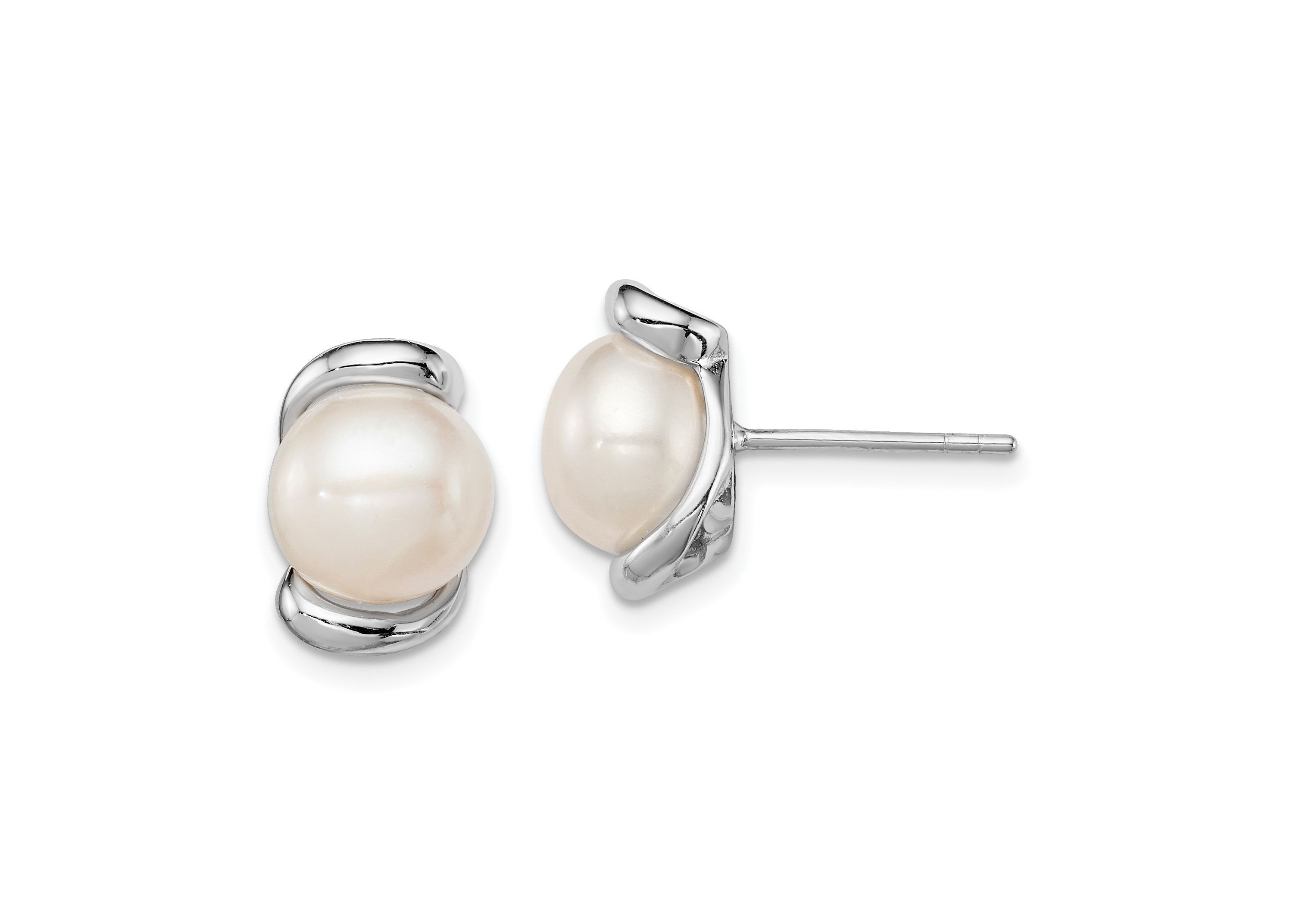 Sterling Silver Rhodium-plated 8-9mm White Freshwater Cultured Pearl Post Earrings