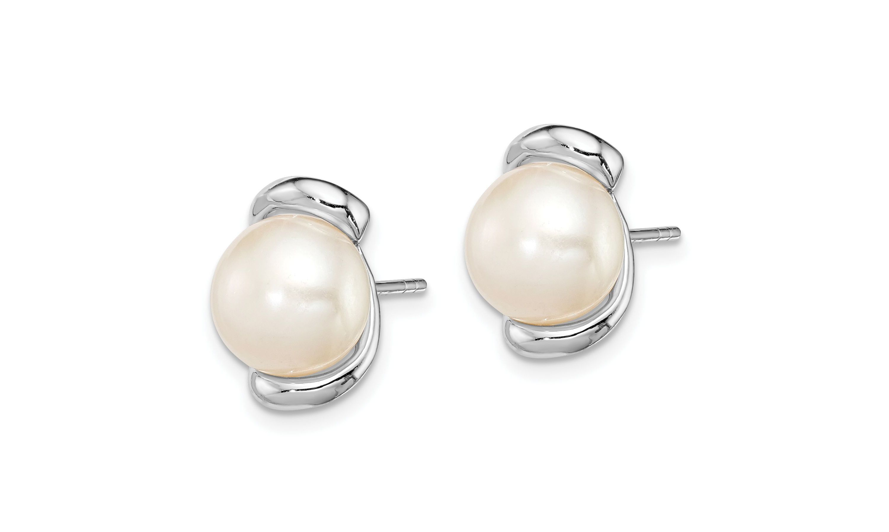 Sterling Silver Rhodium-plated 8-9mm White Freshwater Cultured Pearl Post Earrings