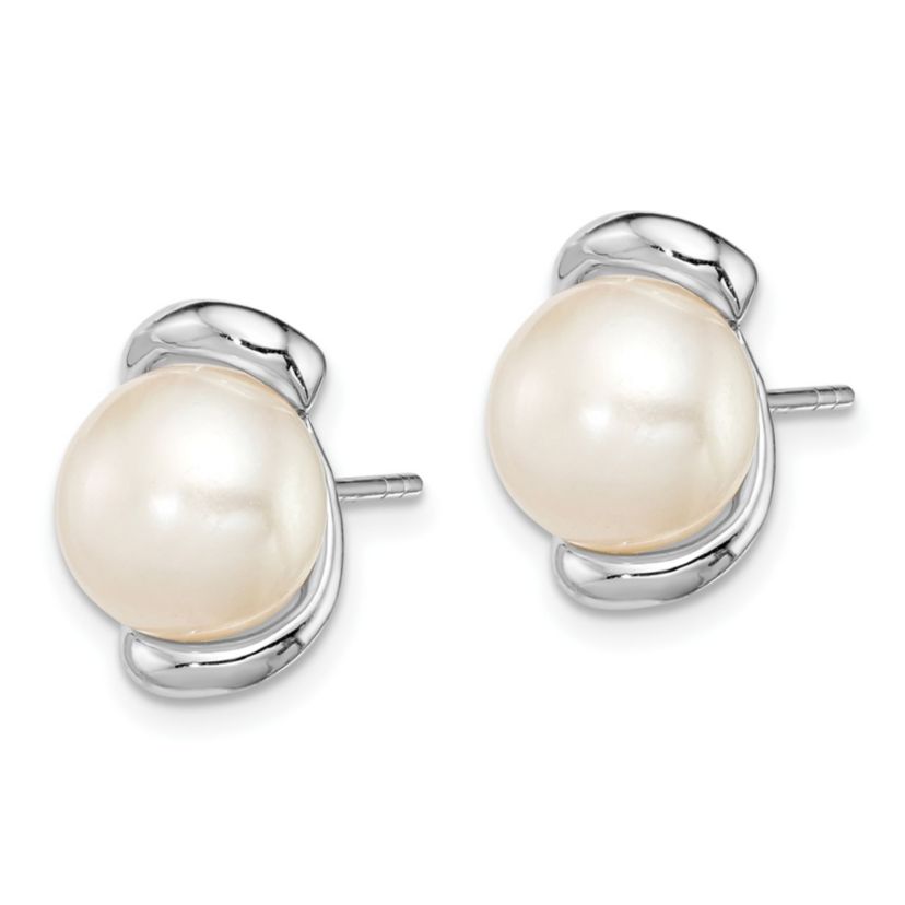 Sterling Silver Rhodium-plated 8-9mm White Freshwater Cultured Pearl Post Earrings