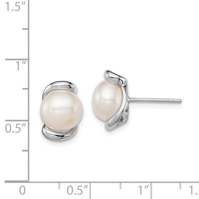 Sterling Silver Rhodium-plated 8-9mm White Freshwater Cultured Pearl Post Earrings