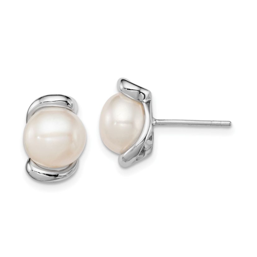 Sterling Silver Rhodium-plated 8-9mm White Freshwater Cultured Pearl Post Earrings