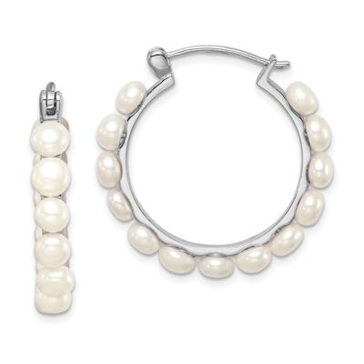Belk & Co Sterling Silver Rhodium-plated 4-5mm White Freshwater Cultured Pearl Hoops Earrings
