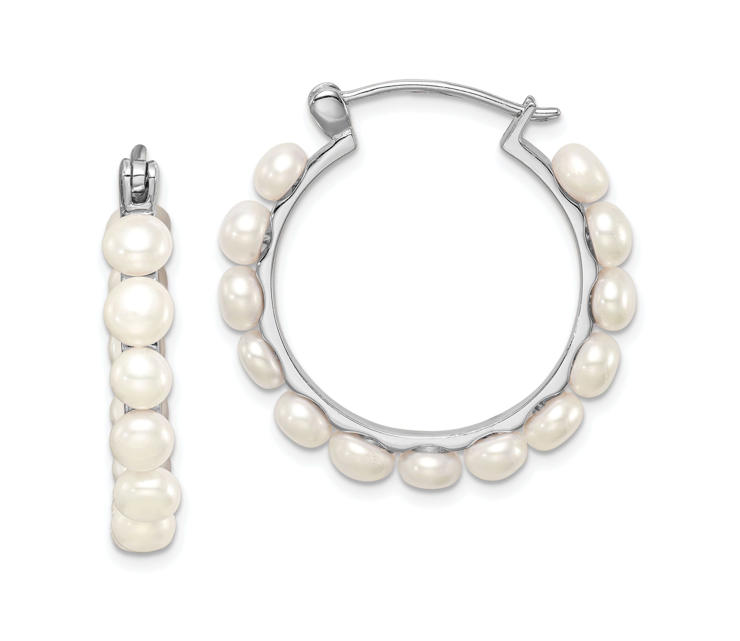 Sterling Silver Rhodium-plated 4-5mm White Freshwater Cultured Pearl Hoops Earrings