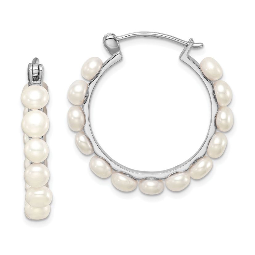 Sterling Silver Rhodium-plated 4-5mm White Freshwater Cultured Pearl Hoops Earrings