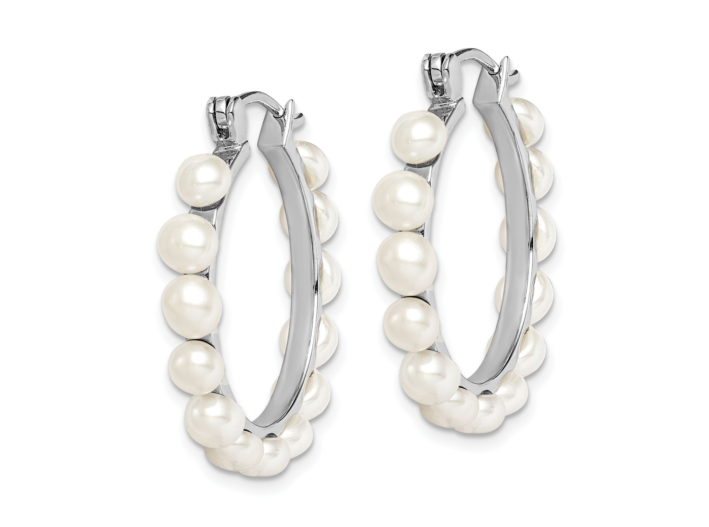 Sterling Silver Rhodium-plated 4-5mm White Freshwater Cultured Pearl Hoops Earrings