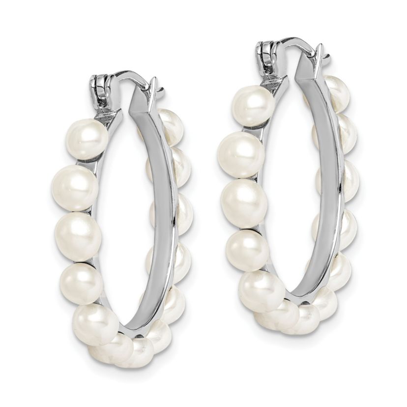 Sterling Silver Rhodium-plated 4-5mm White Freshwater Cultured Pearl Hoops Earrings