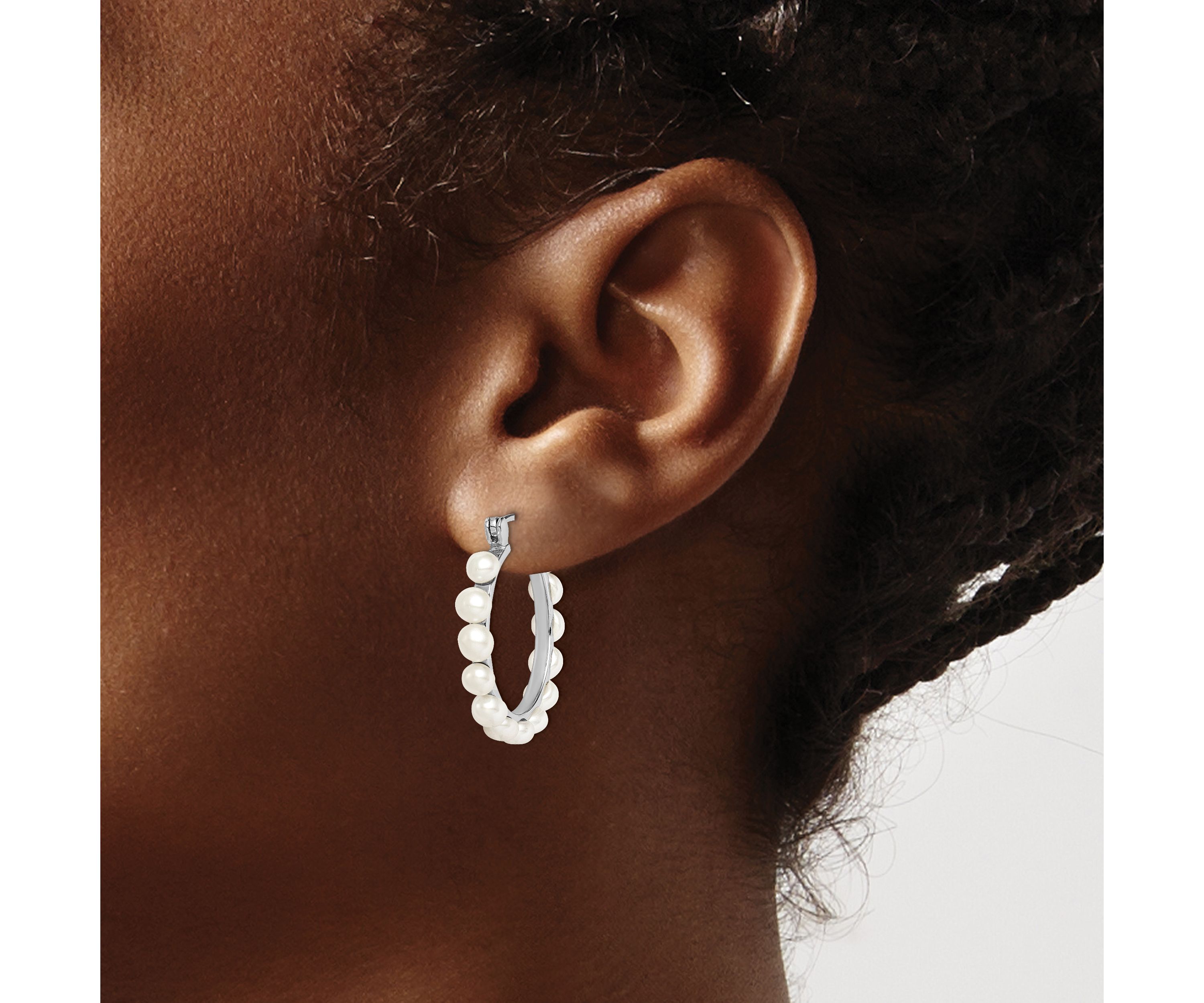 Sterling Silver Rhodium-plated 4-5mm White Freshwater Cultured Pearl Hoops Earrings