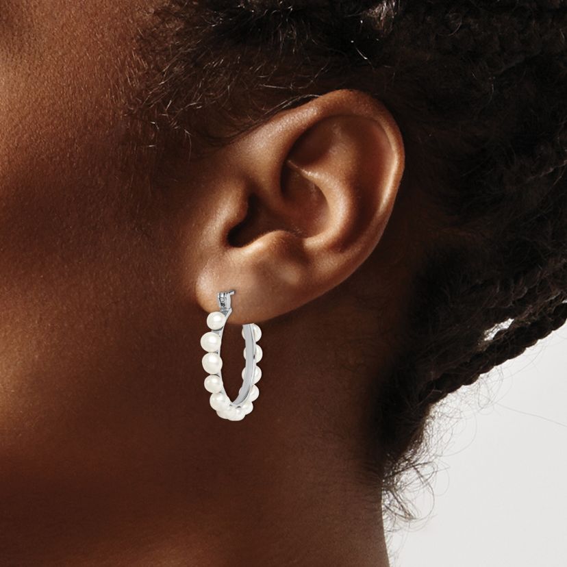 Sterling Silver Rhodium-plated 4-5mm White Freshwater Cultured Pearl Hoops Earrings