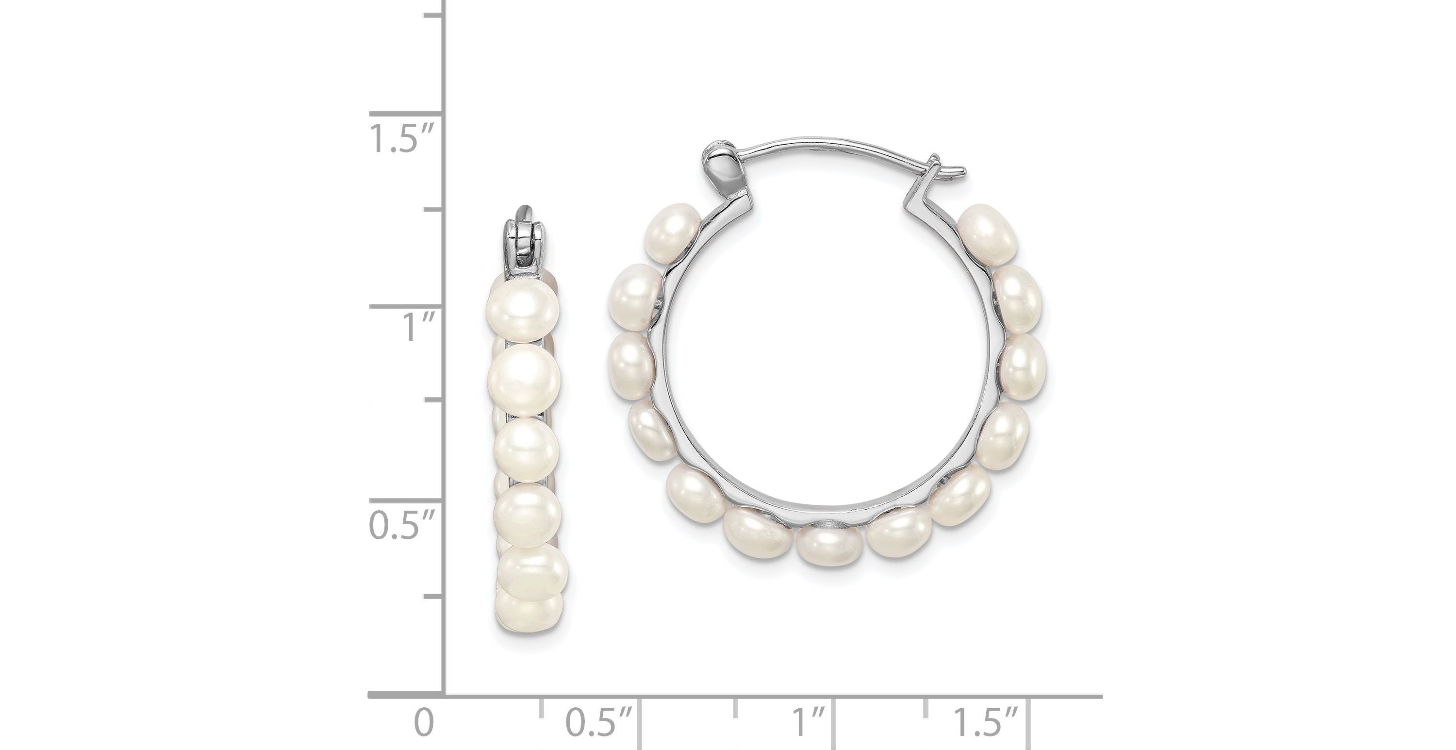Sterling Silver Rhodium-plated 4-5mm White Freshwater Cultured Pearl Hoops Earrings