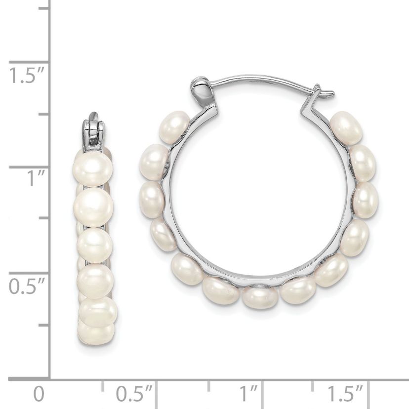 Sterling Silver Rhodium-plated 4-5mm White Freshwater Cultured Pearl Hoops Earrings