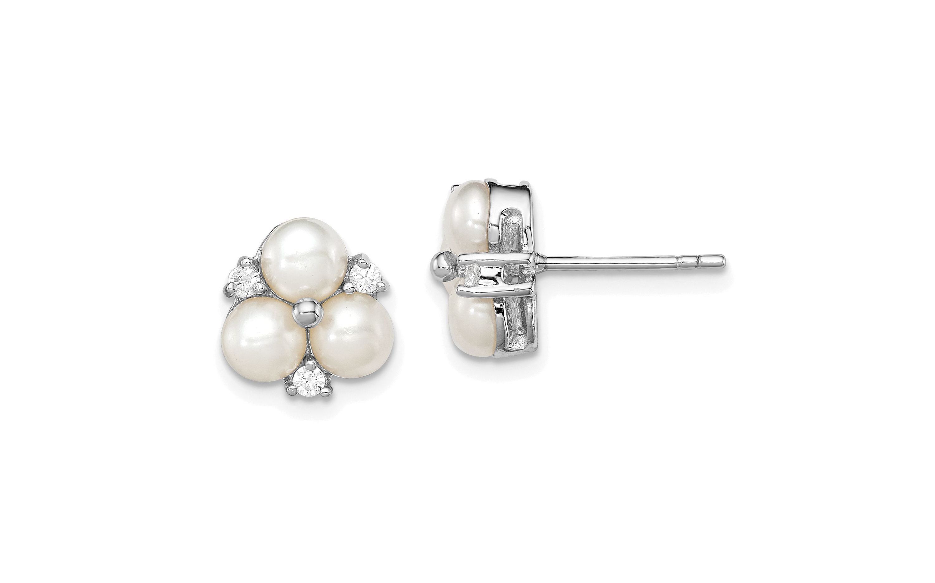 Sterling Silver Rhodium-plated 5-6mm White Freshwater Cultured 3-Pearl Cubic Zirconia Post Earrings