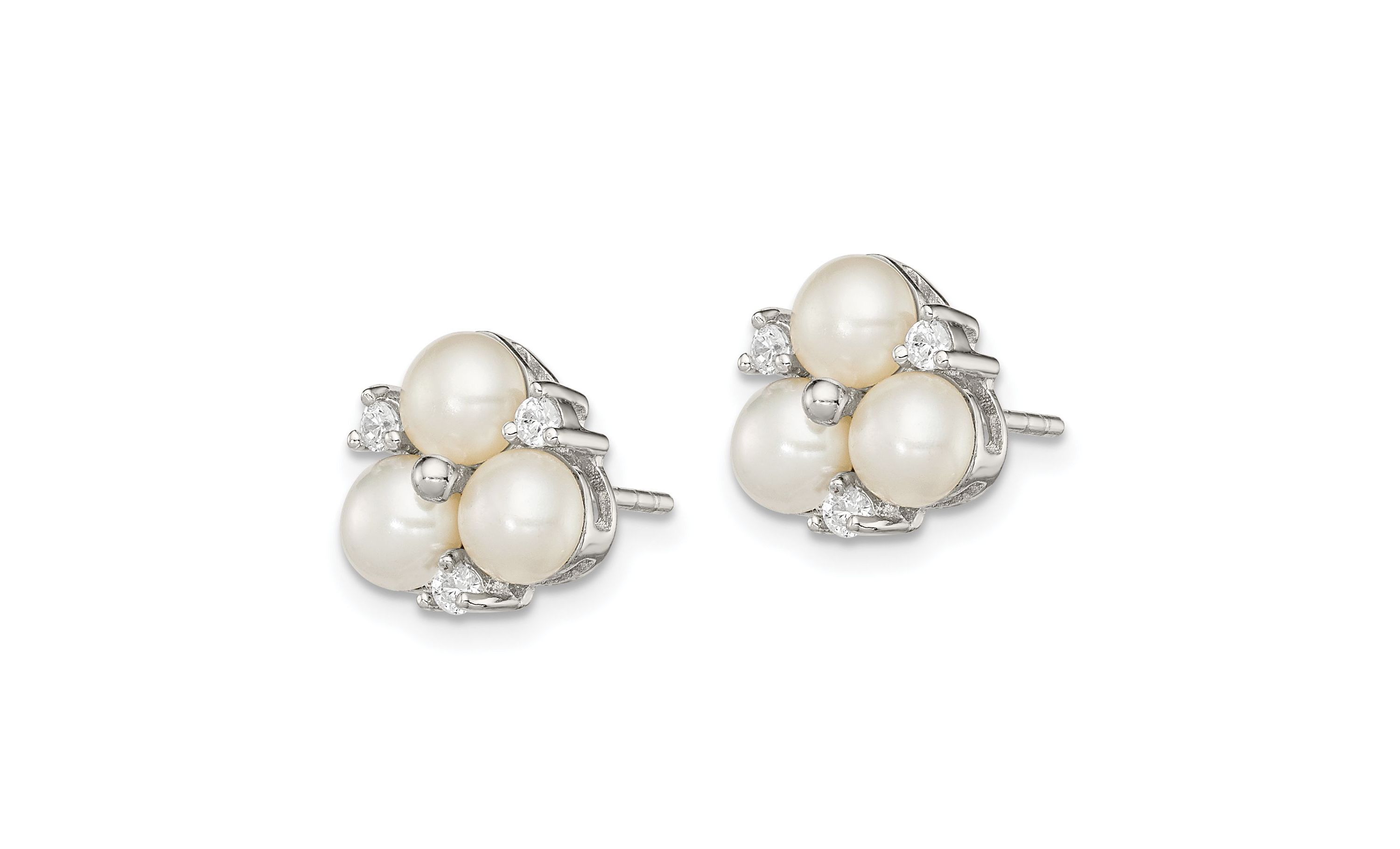Sterling Silver Rhodium-plated 5-6mm White Freshwater Cultured 3-Pearl Cubic Zirconia Post Earrings