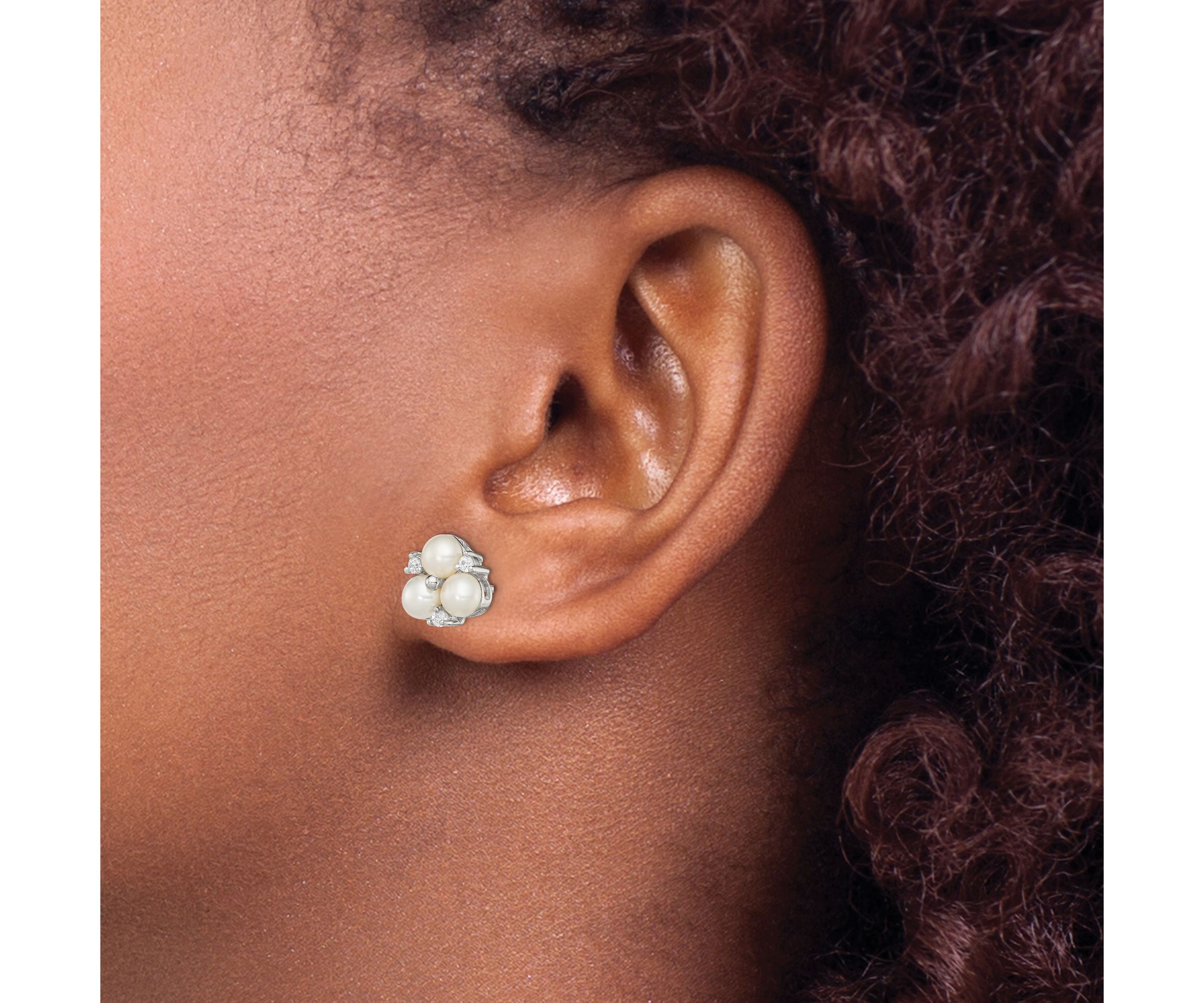 Sterling Silver Rhodium-plated 5-6mm White Freshwater Cultured 3-Pearl Cubic Zirconia Post Earrings