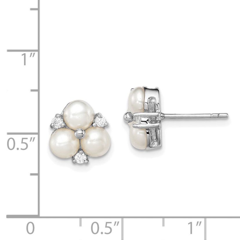 Sterling Silver Rhodium-plated 5-6mm White Freshwater Cultured 3-Pearl Cubic Zirconia Post Earrings